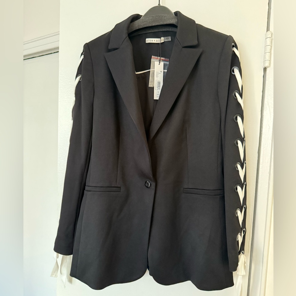 Alice + Olivia Black Blazer with White Lace-Up Sleeves